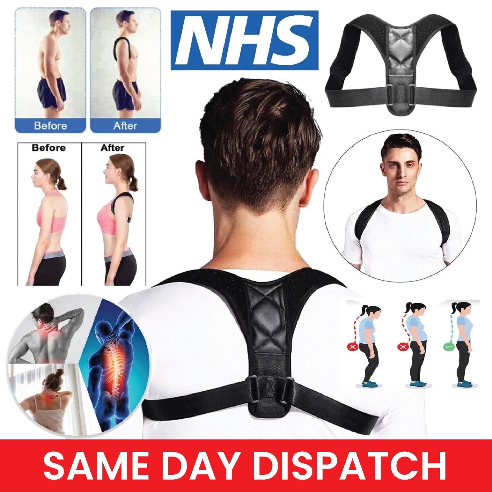 Posture Corrector Shoulder Support Belt Bad Back Brace Lumbar for Men & Women